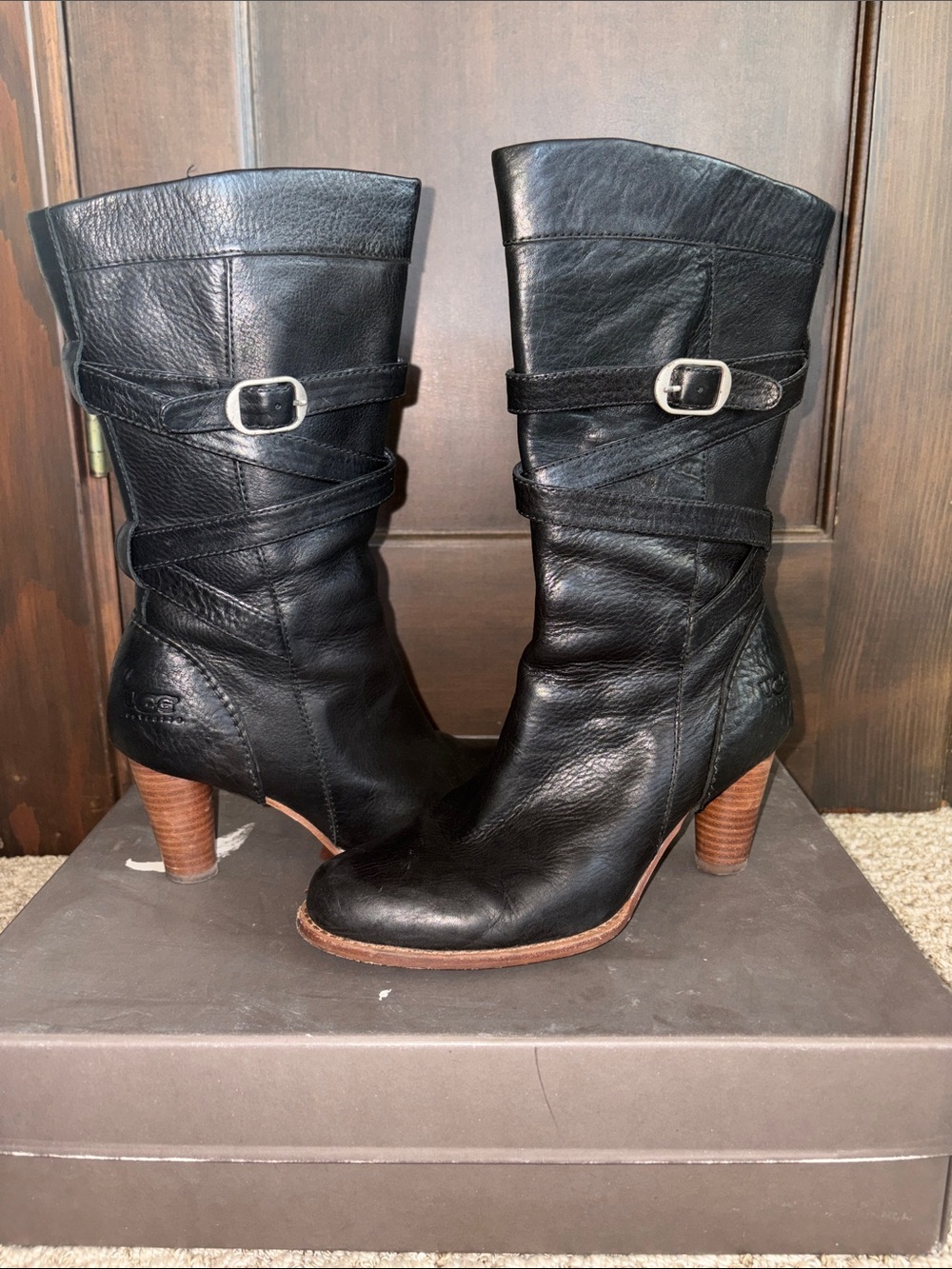 UGG Black Leather Mid-Calf Buckle Heeled Boots